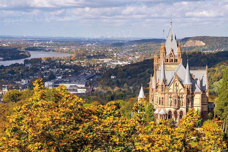 Drachenburg Castle, on the Drachenfels, a mountain in the Siebengebirge on the Rhine between Bad Honnef and Königswinter, view towards Bonn, North Rhine-Westphalia, Germany, Europe