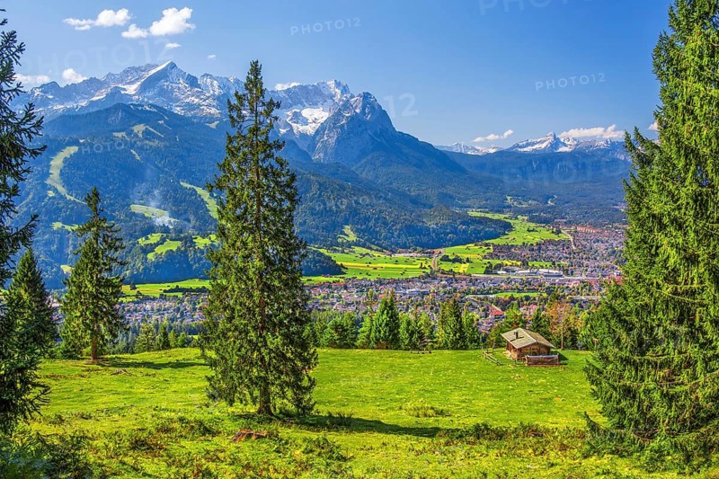 Eckenhütte on the Wank 1780m with views of the valley, town and Zugspitze group 2962m, Garmisch-Partenkirchen, Loisachtal, Werdenfelser Land, Upper Bavaria, Bavaria, Germany, Europe