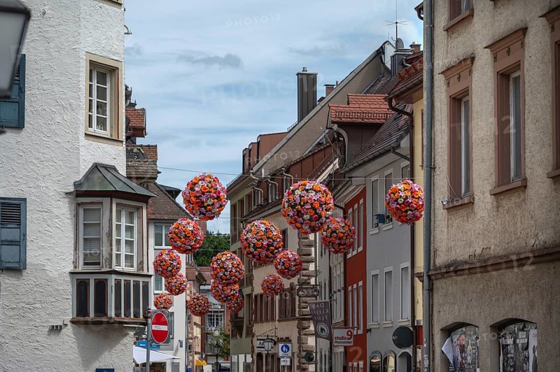 Colourful flower balls decorate the streets of, Villingen-Schwenningen, Baden-Württemberg, Germany, Europe