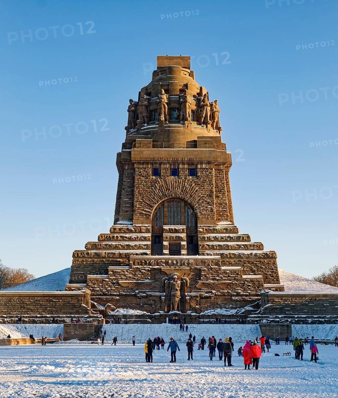 Monument to the Battle of the Nations on a winter's day with snow, Leipzig, Saxony, Germany, Europe