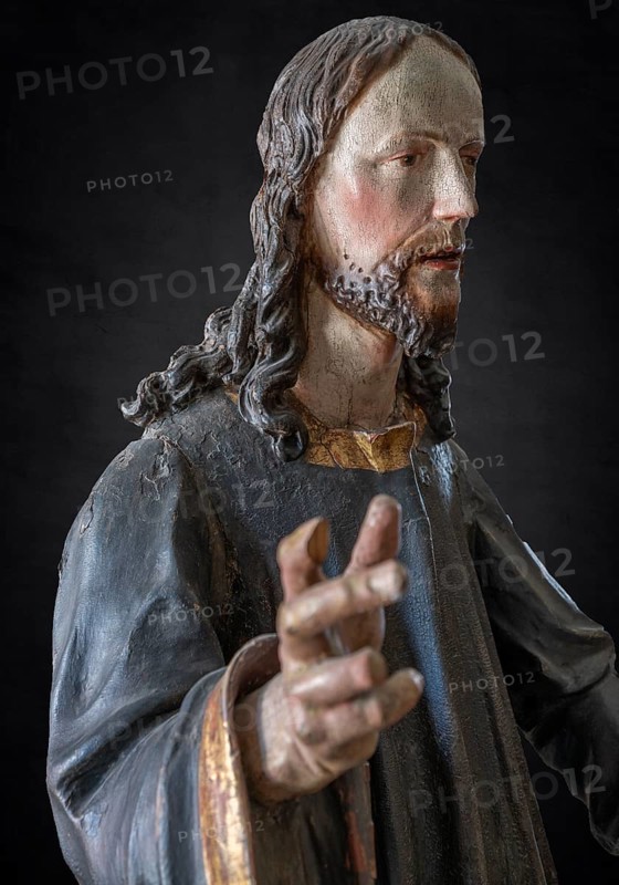 Christ on the palm donkey, detail, wooden figure from around 1880, on a dark background, Dominican convent in Wettenhausen, Swabia, Bavaria, Germany, Europe