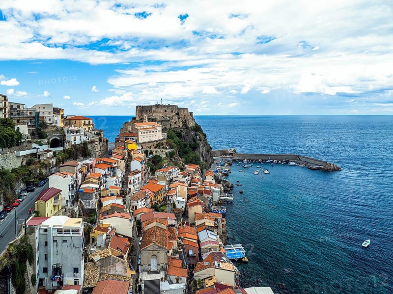 Scilla from a drone, Calabria, Italy, Europe