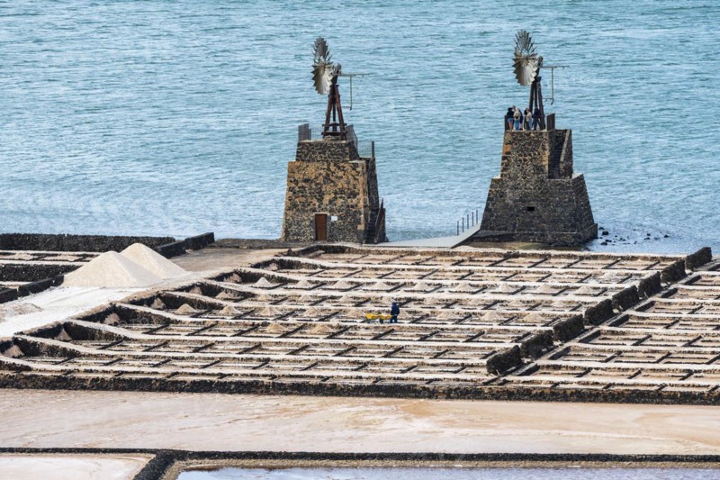 Sea salt extraction, Janubio salt works, Salinas de Janubio, Lanzarote, Canary Islands, Spain, Europe