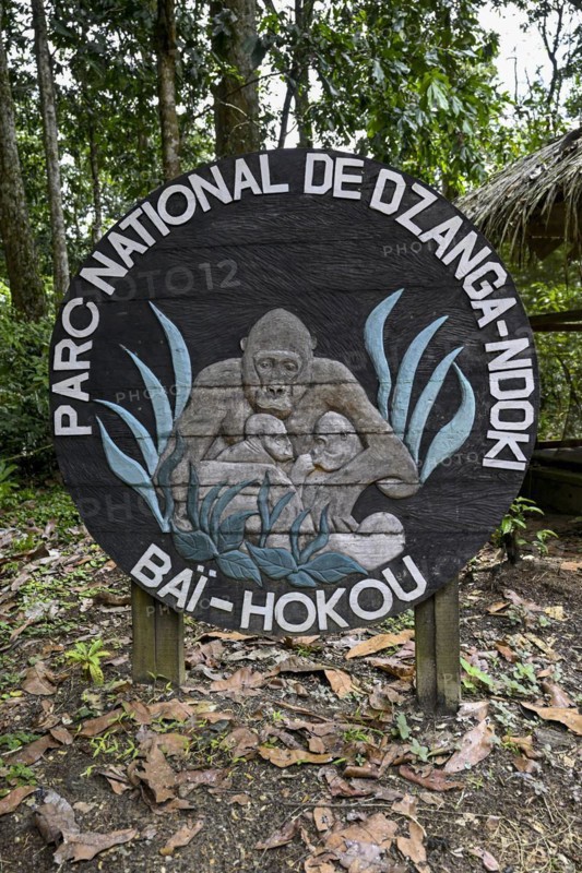 Sign at the entrance to the Dzanga-Ndoki National Park, Baï-Hokou, Unesco World Heritage Site, Dzanga-Sangha Complex of Protected Areas (DSPAC), Sangha-Mbaéré Prefecture, Central African Republic, Africa