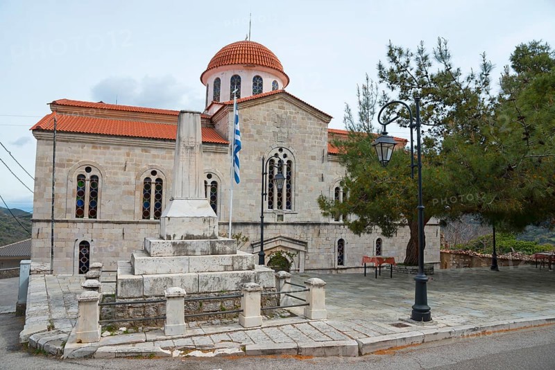 Church with red dome and traditional stone architecture under a mainly clear sky, Greek Orthodox, Church of St Constantine, Andritsaina, Andritsena, Andritsena-Krestena, Elis, Western Greece, Peloponnese, Greece, Europe