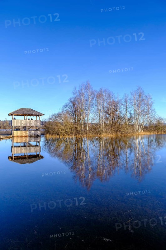 Birdwatching tower, observation tower, high water in Dießen am Lake Ammer, Diessen, Fünfseenland, Upper Bavaria, Bavaria, Germany, Europe