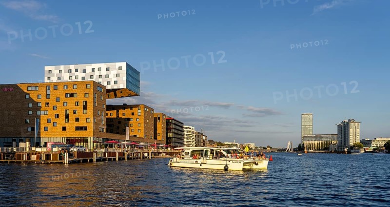 View from the Spree towards Treptow, Molekül Man and Twin Towers, Berlin, Germany, Europe