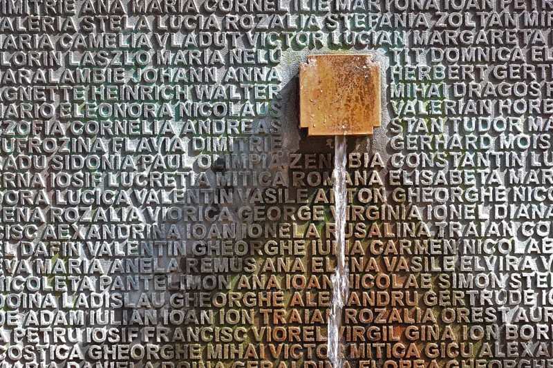 Banat, Timisoara, Timisoara, old town centre, names on a fountain, metal plate with names, Romania, Europe