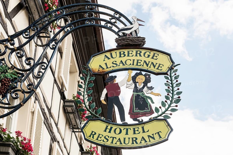 Restaurant sign, Eguisheim, Plus beaux villages de France, Haut-Rhin, Alsace, Alsace, France, Europe