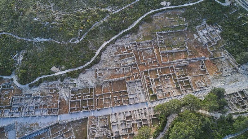 Drone shot, first morning light, Extensive ruins of an ancient site, photographed from the air, with remains of walls and structures, Kamiros, Archaeological site, Ancient city, Foundation of Doric Greeks, Rhodes, Dodecanese, Greek Islands, Greece, Europe