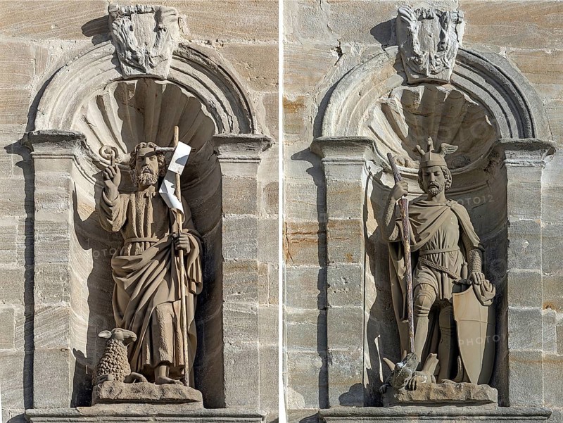 Sculptures, Saviour with the Lamb of God and St. George with the Dragon, at the parish church of the Finding of the Cross, 1742, Kersbach, Middle Franconia, Bavaria, Germany, Europe