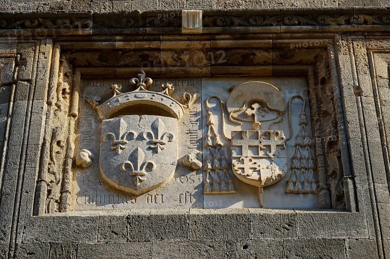 Stone relief with two decorated coats of arms, one with a crown, in a rectangular frame, Knights' Street, Rhodes Old Town, Rhodes Town, Rhodes, Dodecanese, Greek Islands, Greece, Europe