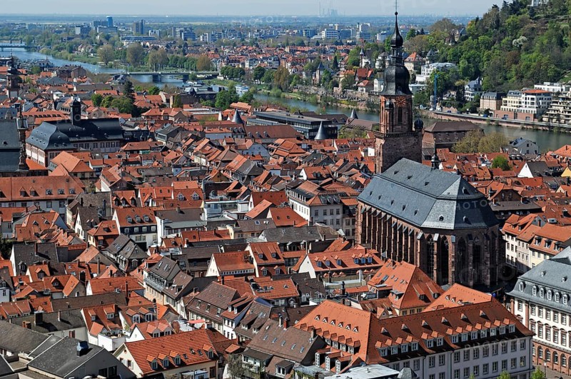 View from the castle ruins to Heidelberg with the Heliggeistkirche and Neckar, castle courtyard, Heidelberg, Baden-Württemberg, Germany, Europe