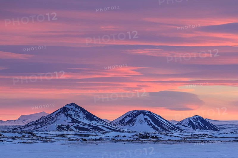 Sunset over Bergen in the snow, volcano winter, behind Herdubreid, Iceland, Europe