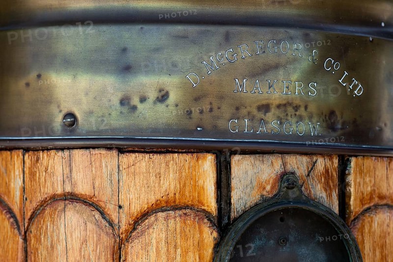 Inscription McGregor & Co. Ltd, Glasgow, steel four-masted barque Pommern, windjammer with jubilee rig, Maritime Museum, Mariehamm, Åland or Aland Islands, Finland, Europe