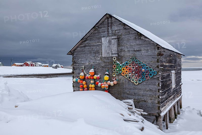 Boathouse on the beach, houses, village, coast, sea, snow, winter, clouds, Kramvik, Varanger Peninsula, Norway, Europe