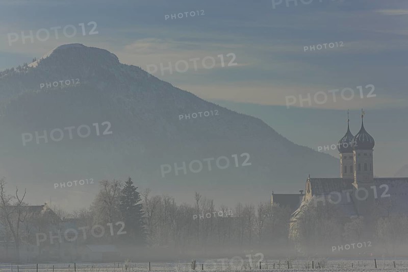 Monastery in the morning light, fog, hoarfrost, winter, Benediktbeuern Monastery, Alpine foothills, Upper Bavaria, Bavaria, Germany, Europe