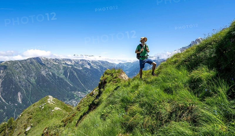 Mountain landscape, Hiking trail on a mountain ridge with meadow, Hiking trail La Jonction, Chamonix, Haute-Savoie, France, Europe