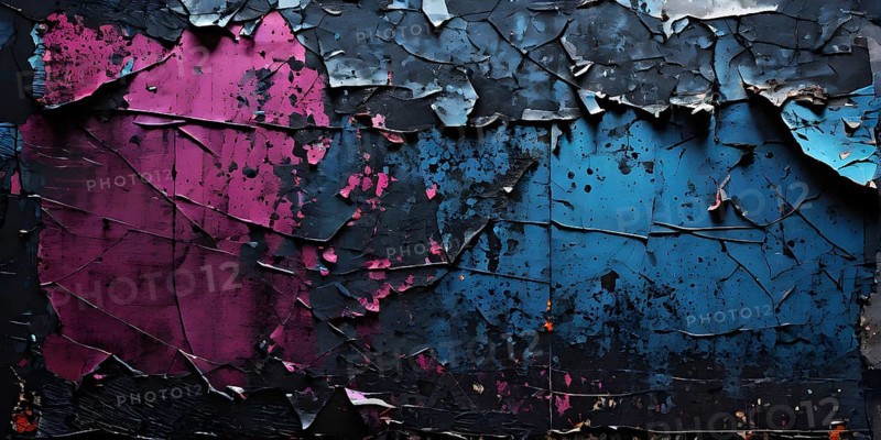Vintage style collage featuring textured grunge posters in hues of black, blue and magenta, AI generated