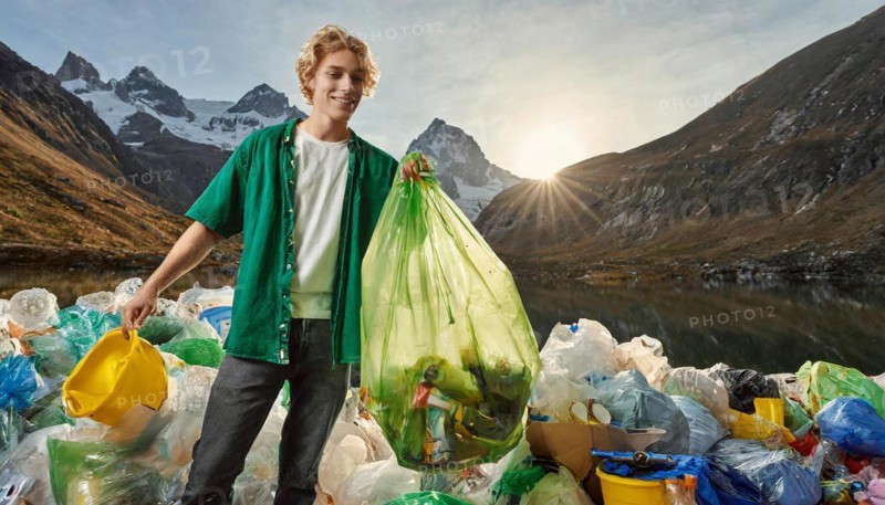 Symbolism, rubbish, young man standing with rubbish in front of a rubbish dump, AI-generated, AI generated