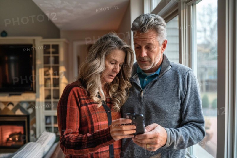 An elderly couple stand at the window in their living room and look worried, frightened, unsettled at a smartphone, symbolic image for fraud against senior citizens, grandchild trick, shock calls, disclosure of personal data such as password, bank details, home address, media literacy, AI generated, AI generated, AI generated
