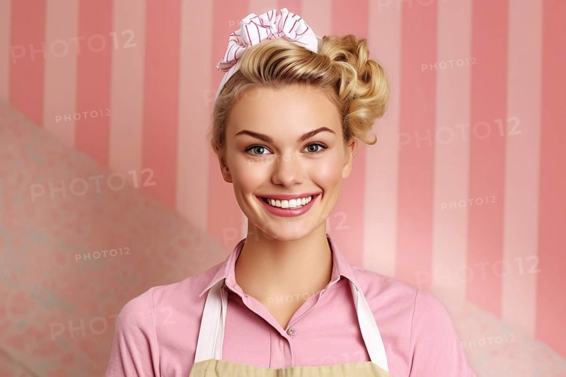 Portrait of smiling retro style housewife in apron on pink background. KI generiert, generiert AI generated