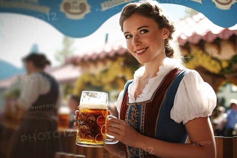 Young waitress woman in traditional bavarian Dirndl dress serving beer at Oktoberfest festival. KI generiert, generiert AI generated