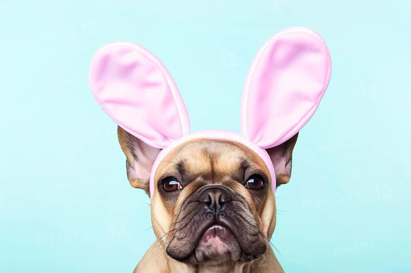 Fawn French Bulldog dog with pink Easter bunny ears on blue background. KI generiert, generiert AI generated