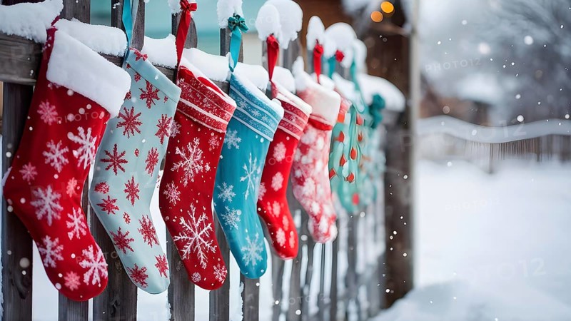Row of Christmas stockings hanging from a snow-covered wooden fence, with delicate frost patterns forming on the colorful fabric, AI generated