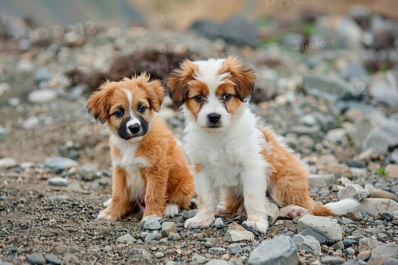 Two cute Tibetan terrier pups sitting on a rocky ground, AI generated