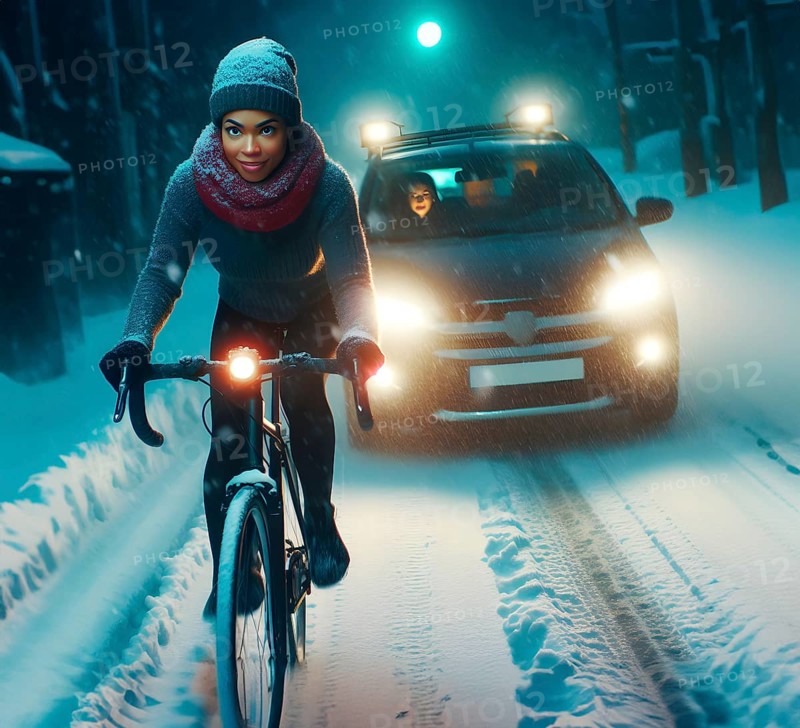 A cyclist rides in front of a car with her headlights switched on in the dark in snow, generated with AI, AI generated