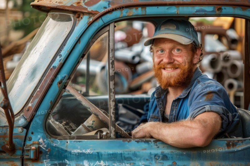 A red-haired man with a full beard, a scrap dealer in work clothes sits behind the wheel of his pickup truck in a scrap yard, AI generated, AI generated, AI generated