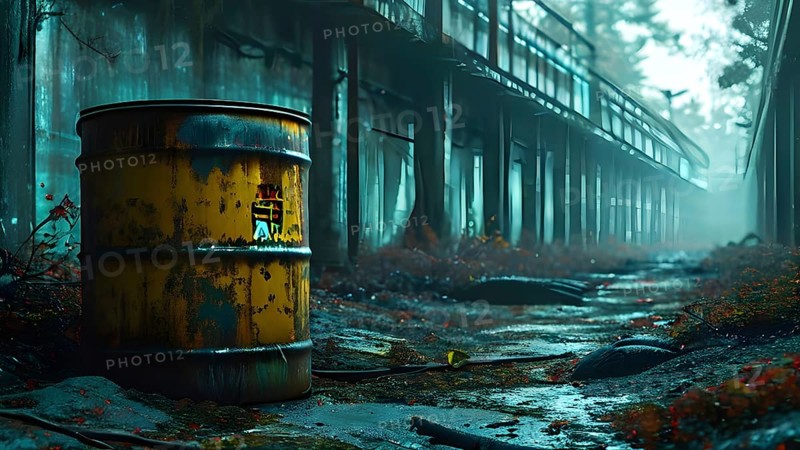 Representation of illegal nuclear waste barrel leaking radioactive material, AI generated