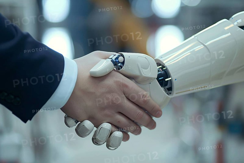 Handshake between business man in suit and artificial intelligence android arm. Genertaive AI, AI generated