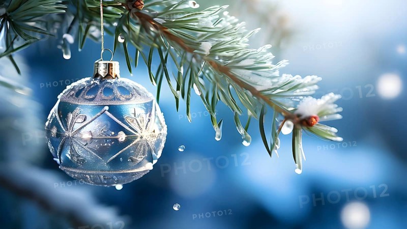 Set of Christmas ornaments hanging on a snow-covered pine tree branch, with frost clinging to the delicate glass and metal surfaces, AI generated
