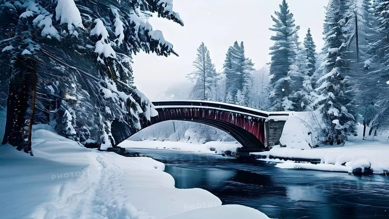 Serene scene of a snow-covered bridge arching over a frozen river, with softly falling snowflakes and tall, snow-laden pine trees on either side, AI generated