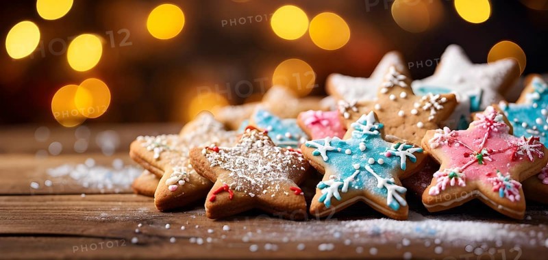 A detailed shot of Christmas cookies on a wooden table, featuring star-shaped cookies with colorful icing, sprinkles, and powdered sugar, AI generated