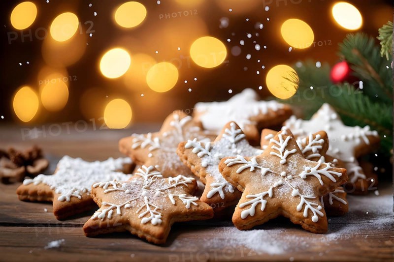 A detailed shot of Christmas cookies on a wooden table, featuring star-shaped cookies with colorful icing, sprinkles, and powdered sugar, AI generated