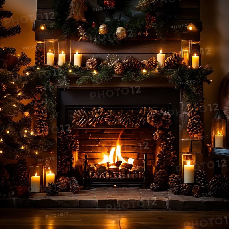 A cozy fireplace mantle decorated with pine cones, garlands, and lit candles, with a close-up focus on a burning candle flame, AI generated