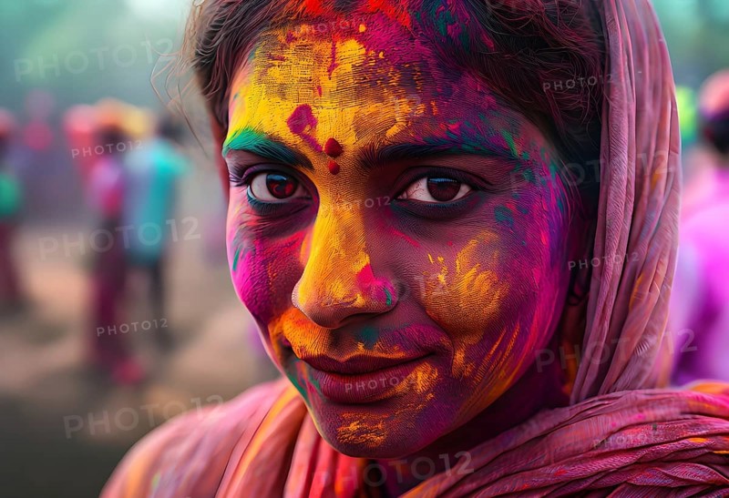 Indian woman colored face portrait during Holi Hindu festival, AI generated