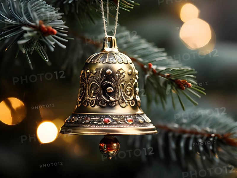 Vintage Christmas bell ornament hanging on a snow-dusted evergreen branch, capturing the intricate metallic details and soft reflections of nearby lights, AI generated