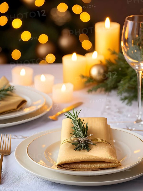 Beautifully decorated Christmas table setting with a golden napkin ring, sparkling cutlery, and a sprig of rosemary, set against a background of softly glowing candlelight, AI generated