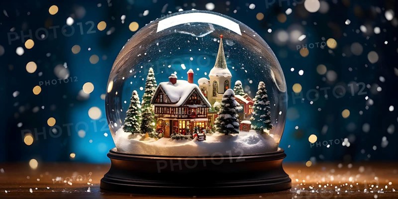 Snow globe with a tiny festive village inside, capturing the swirling snow and the light reflections on the glass dome, AI generated