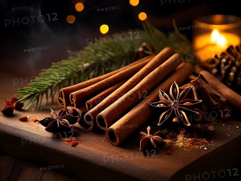 Christmas spices like cinnamon sticks, star anise, and cloves arranged on a wooden table, with soft ambient lighting evoking warmth and coziness, AI generated