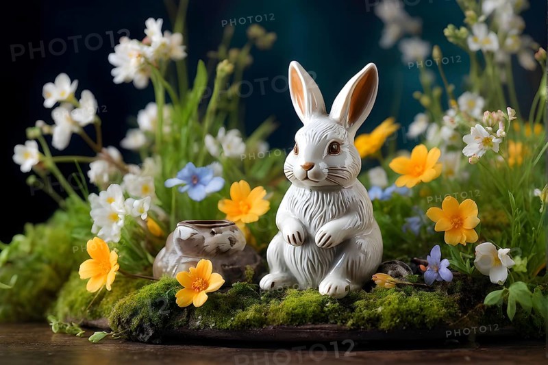 Vintage porcelain rabbit figurine surrounded by small, colorful spring flowers and soft moss, AI generated