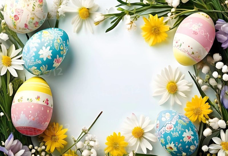 Easter card with delicate hand-drawn illustrations, placed among fresh flowers and decorated eggs, empty space for text, AI generated