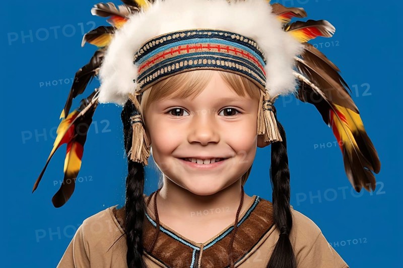 Young boy child dressed up as Native American for Halloween or carnival. Concept for Cultural appropriation. KI generiert, generiert AI generated