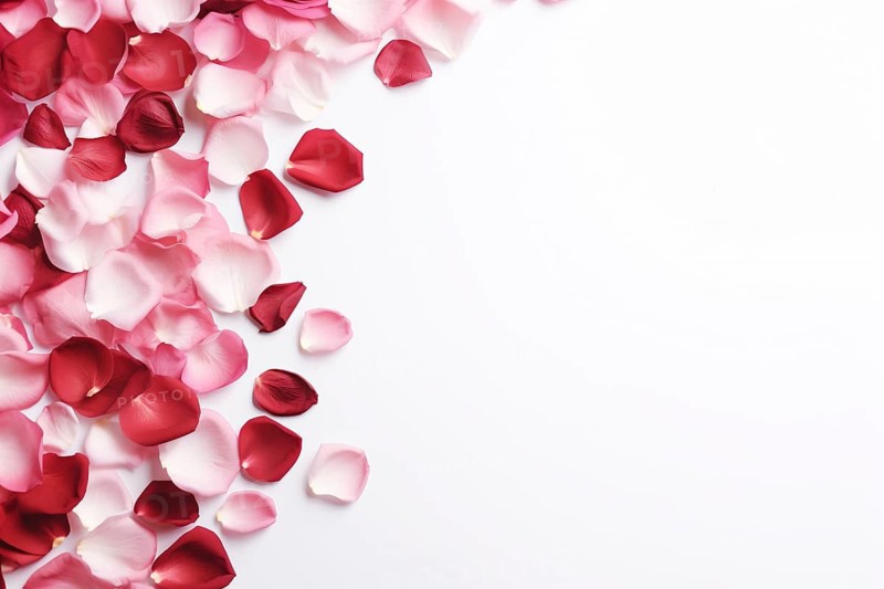 Red and ping rose petal flowers on white background with copy space. KI generiert, generiert AI generated