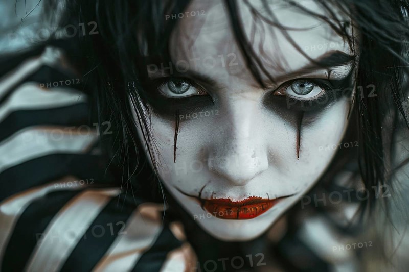 Close up of woman's face with creepy undead Pierrot Halloween costume makeup. Generative AI, AI generated