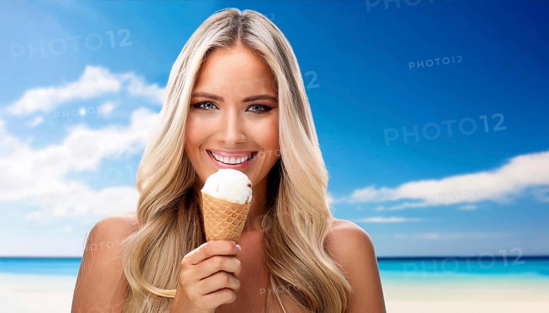 A blonde woman enjoys eating an ice cream cone, AI generated